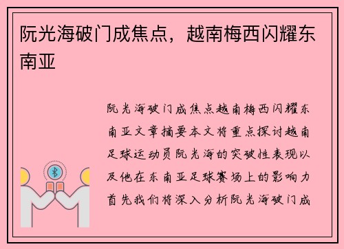阮光海破门成焦点，越南梅西闪耀东南亚